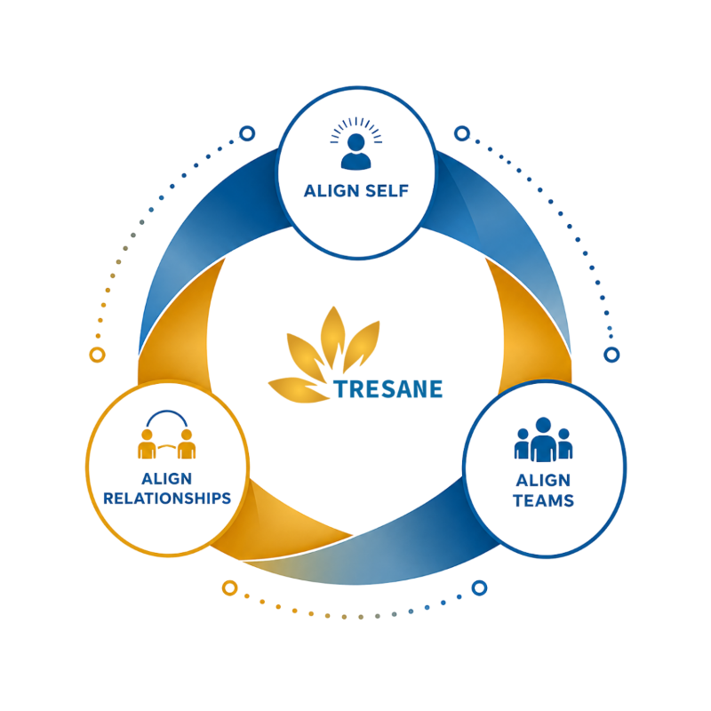 The Tresane Model: three interlocking domains, Align Self, Align Relationships and Align Teams, circling the Tresane mark. They are interconnected rather than sequential.